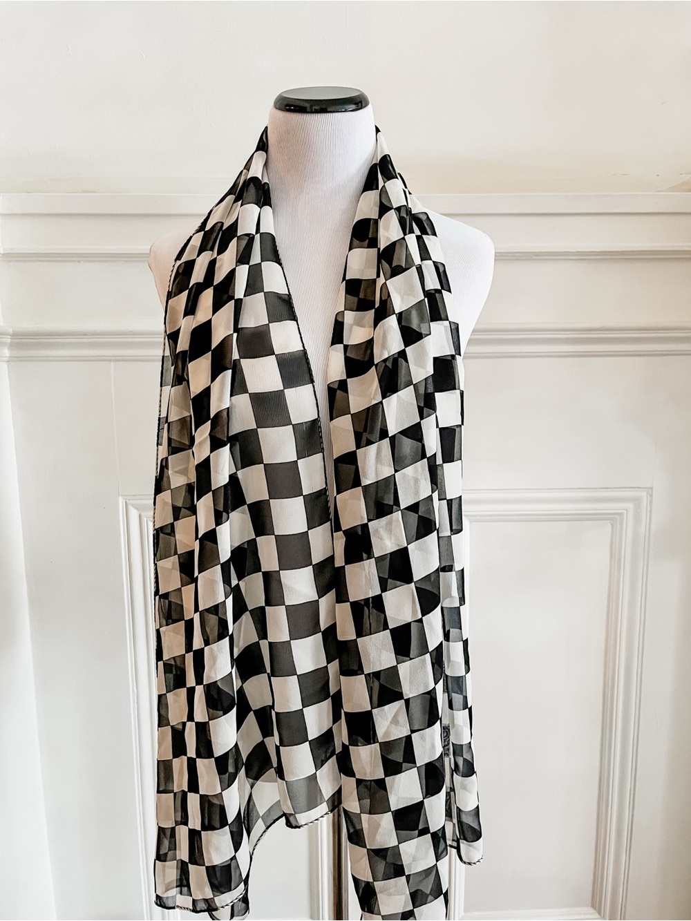 Black & White Checkerboard Chiffon Scarf